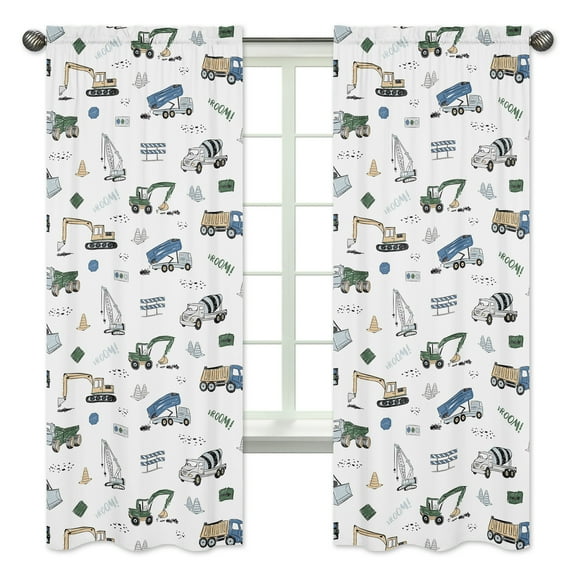 Construction Truck Green and Blue Semi-Sheer Rod Pocket Curtain Panels (Set of 2) by Sweet Jojo Designs