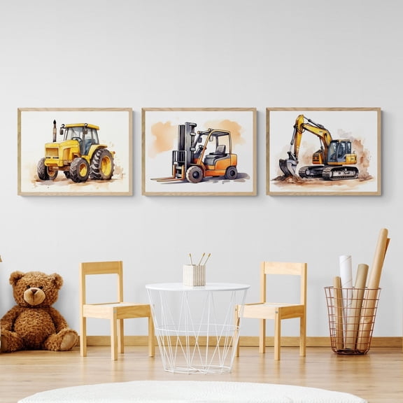 Construction Truck Nursery Prints Set 3 Stretched Canvas 16x24