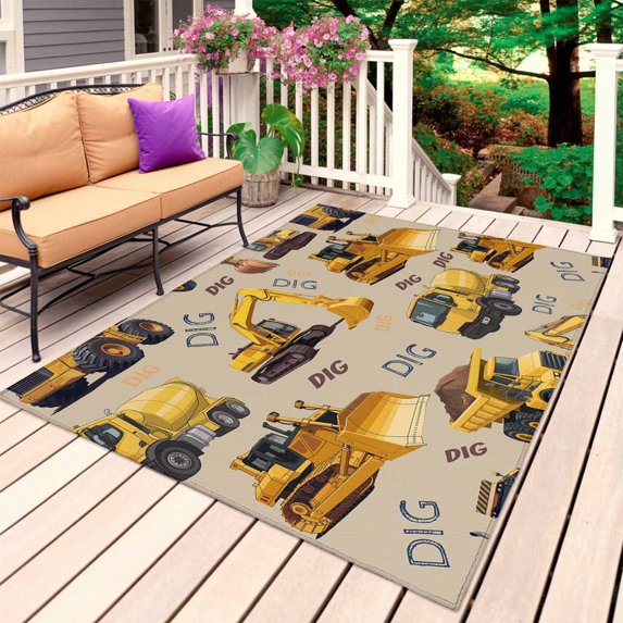 Construction Truck Outdoor Rug 3x5 Ft, Non Slip Washable Area Rug, Cartoon Grips and Bulldozers Beige Patio Rugs Carpet Runner, Large Floor Mat for Indoor/Outdoor Deck Porch Camping