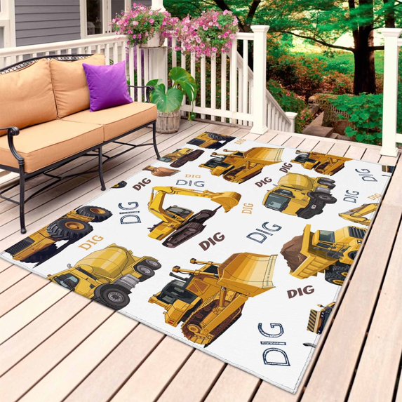 Construction Truck Outdoor Rug 4x6 Ft, Non Slip Washable Area Rug, Cartoon Grips and Bulldozers Stirrup Car Patio Rugs Carpet Runner, Large Floor Mat for Indoor/Outdoor Deck Porch Camping
