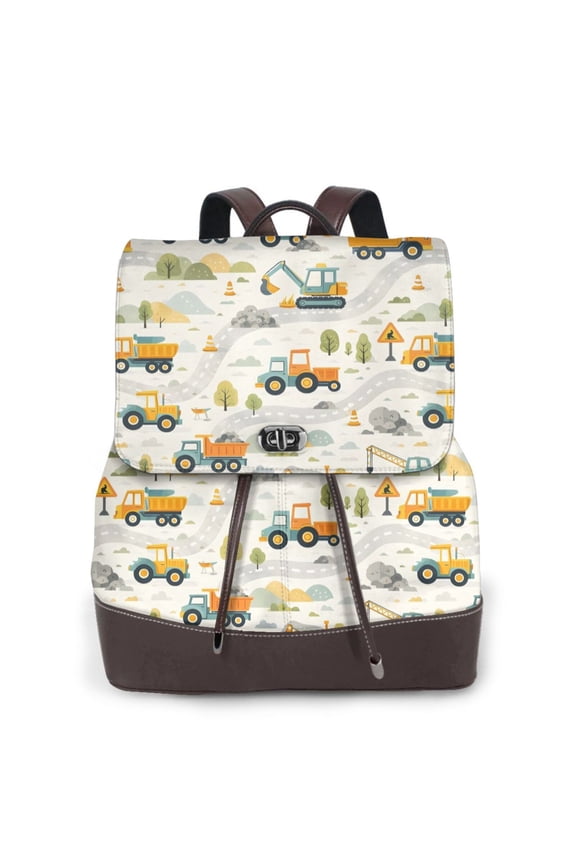 Construction Truck Pattern Women's Leather Backpack All-Over Print Bag for Work and Travel