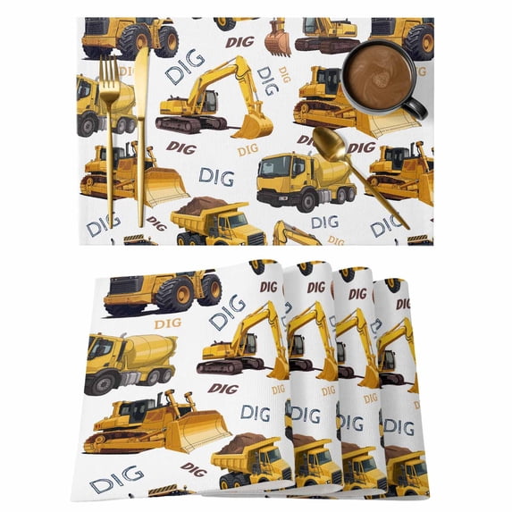 Construction Truck Placemats Set of 4, Cartoon Grips and Bulldozers Stirrup Car Placemats for Dining Table, Place Mats for Kitchen Tabletop, Waterproof Wipeable Dining Table Mats Set