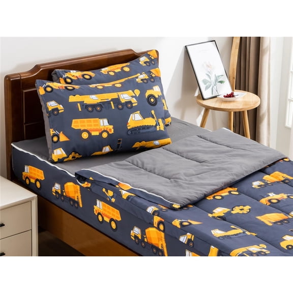 Construction Truck Printed Zipper Bedding Sets Twin Lightweight Microfiber Car Comforter Sets with Fitted Sheet Pillow Covers,Dark Grey