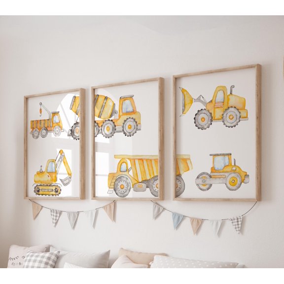 Construction Truck Prints Set Of 3, Excavator Boys Nursery And Playroom Wall Art
