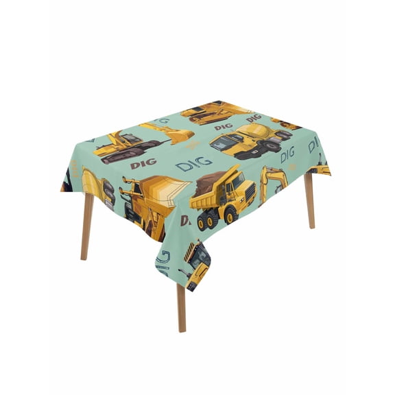 Construction Truck Rectangle Tablecloth, Cartoon Grips and Bulldozers Green Waterproof & StainResistant Tablecloth, Washable Oil-proof Table Cover for Dining/Party/Wedding/Camping/Buffet 52x70 In