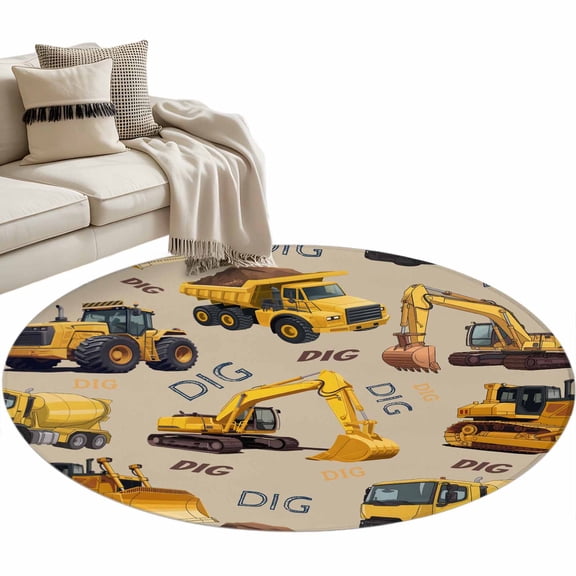 Construction Truck Round Area Rugs Collection 3', Cartoon Grips and Bulldozers Beige Non Slip Indoor Circular Throw Runner Rug Floor Mat Carpet for Living Room Dining Table Bedroom Nursery