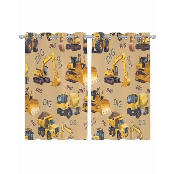 Construction Truck Sheer Curtains 54 Inch Length 2 Panels Set for Living Room/Bedroom, Cartoon Grips and Bulldozers Turmeric Kitchen Curtains Grommet Semi-Sheer Curtains Window Treatments 42"x54"x2
