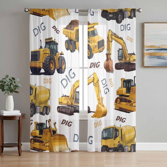 Construction Truck Sheer Curtains 63 Inch Length 2 Panels for Living Room, Cartoon Grips and Bulldozers Stirrup Car Voile Kitchen Curtain Set, Luxury Privacy Drapes Window Treatment for Bedroom