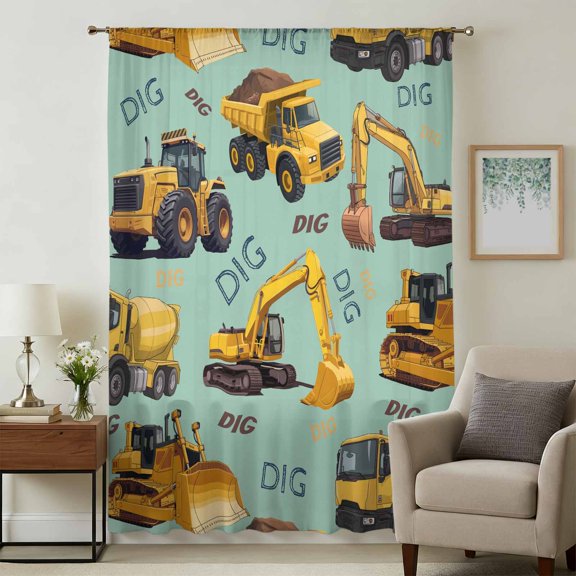 Construction Truck Sheer Curtains 84 Inches Long, Cartoon Grips and Bulldozers Green Light Filering Curtains, Breathable Simi Curtain Privacy Drapes for Living Room Bedroom Window Treatment