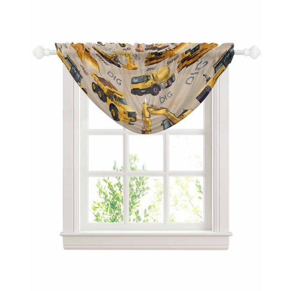 Construction Truck Sheer Waterfall Valance Curtains for Window, Cartoon Grips and Bulldozers Beige Rod Pocket Sheer Topper Swag Curtains for Living Room, Kitchen 38.5"W x 47.2"L, 1 Panel