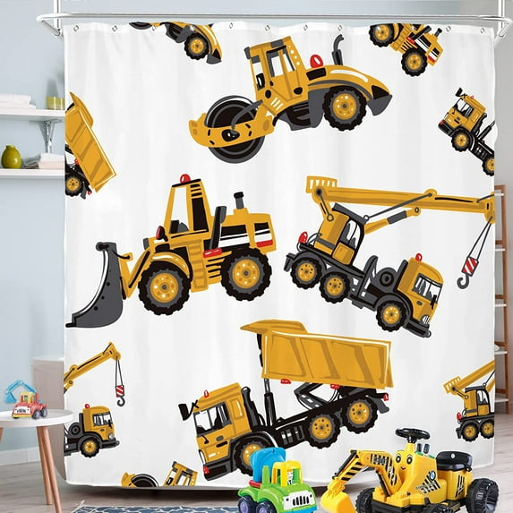 Construction Truck Shower Curtain Boys Excavator Cartoon Yellow Kids Machinery Bathroom Home Decor Set Waterproof Polyester 72Wx72H Inch 12 Pack Plastic Hooks WW-CSVI