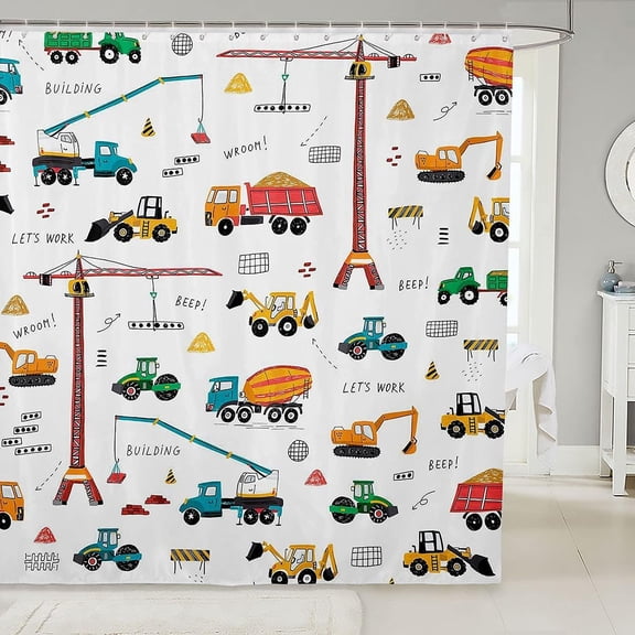 Construction Truck Shower Curtain Cartoon Excavator Vehicle Tractor Cars for Boys Kids Machinery Navy Blue Green Yellow Bathroom Decor Waterproof Fabric Decor with Hooks,72x84 Inches