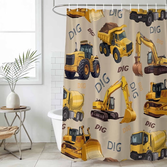 Construction Truck Small Stall Shower Curtain, Waterproof Shower Curtains for Bathroom, Cartoon Grips and Bulldozers Beige Washable Fabric Bath Curtain for Bathtub Decoration with Hooks 36x72 Inches