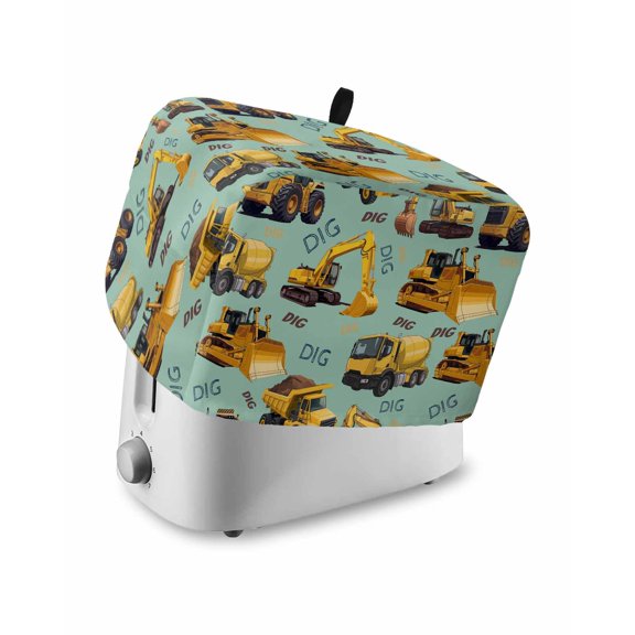 Construction Truck Small Toaster Cover 2 Slice, Kitchen Appliance Covers, Cartoon Grips and Bulldozers Green Toaster Oven Cover with Loop, Bread Machine Cover Polyester Dust Cover Protection
