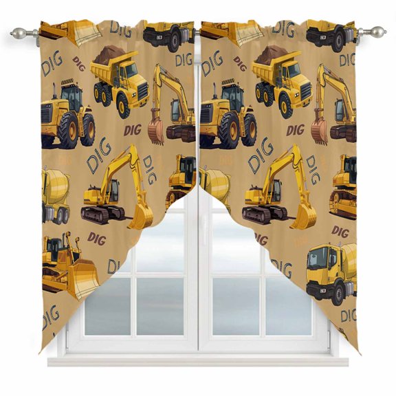 Construction Truck Swag Curtains for Living Room/Bedroom, Cartoon Grips and Bulldozers Turmeric Swag Kitchen Curtain Valances for Windows, Tier Topper Scalloped Curtain 2 Panels, 56"W x 36"L