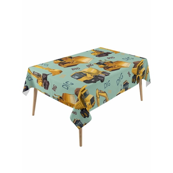 Construction Truck Table Cloth, Waterproof Tablecloth for Rectangle Tables, Cartoon Grips and Bulldozers Green Reusable Washable Fabric Table Cover for Restaurant Kitchen Dining Tables 60"x120"