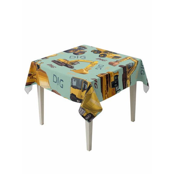Construction Truck Table Cloth, Waterproof Tablecloth for Square Tables, Cartoon Grips and Bulldozers Green Reusable Washable Fabric Table Cover for Restaurant Kitchen Dining Tables 54"x54"