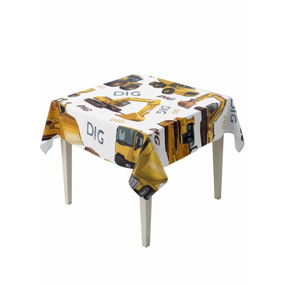 Construction Truck Table Cloth, Waterproof Tablecloth for Square Tables, Cartoon Grips and Bulldozers Stirrup Car Reusable Washable Fabric Table Cover for Restaurant Kitchen Dining Tables 54"x54"