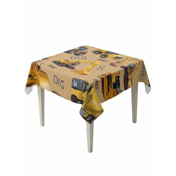 Construction Truck Table Cloth, Waterproof Tablecloth for Square Tables, Cartoon Grips and Bulldozers Turmeric Reusable Washable Fabric Table Cover for Restaurant Kitchen Dining Tables 54"x54"