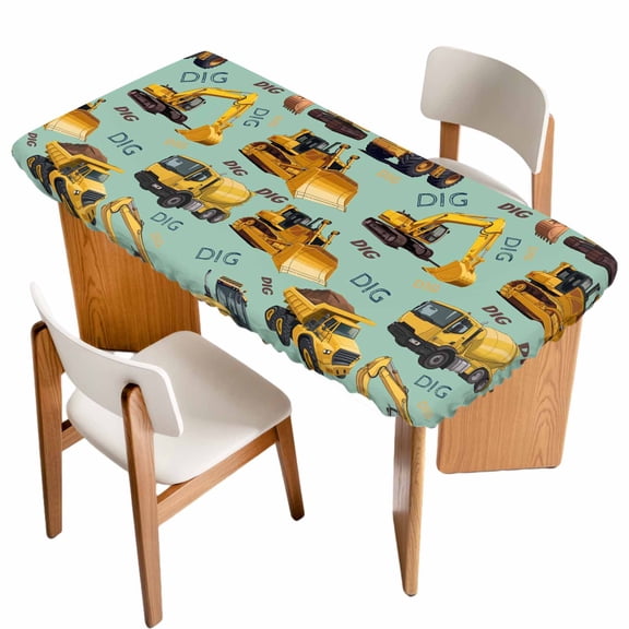 Construction Truck Table Cloths for 3 Foot Rectangle Tables, Cartoon Grips and Bulldozers Green Patio Waterproof Elastic Fitted Tablecloths, Washable Rectangular Table Cover for Camping