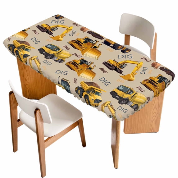 Construction Truck Table Cloths for 5 Foot Rectangle Tables, Cartoon Grips and Bulldozers Beige Patio Waterproof Elastic Fitted Tablecloths, Washable Rectangular Table Cover for Camping