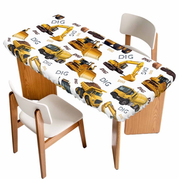 Construction Truck Table Cloths for 6 Foot Rectangle Tables, Cartoon Grips and Bulldozers Stirrup Car Patio Waterproof Elastic Fitted Tablecloths, Washable Rectangular Table Cover for Camping