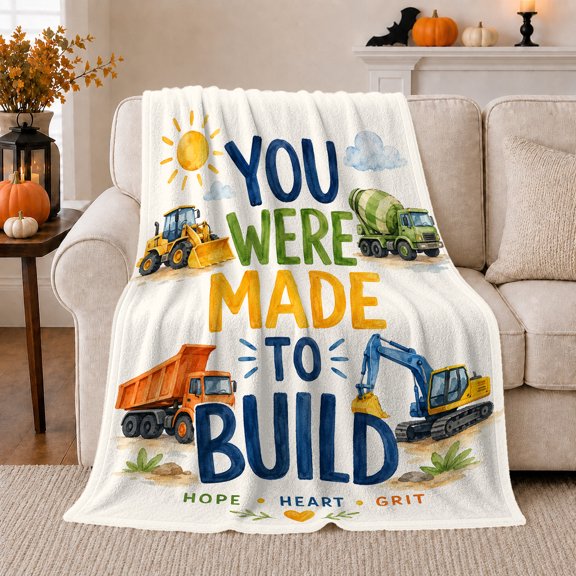 Construction Truck Theme Inspirational Boy Hope Heart Grit, Cozy Typography Art Scene, Warm Flannel Blanket for Living Room and Reading Nook, Art Lovers Valentine's Day Gift, Artistic Home Decor