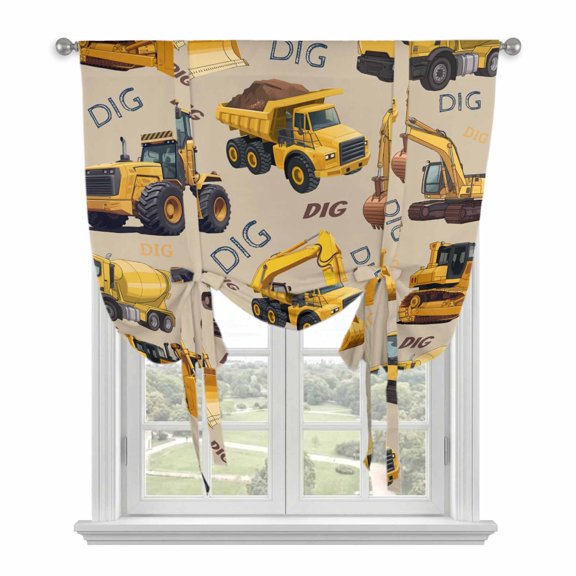 Construction Truck Tie Up Curtains for Windows, Adjustable Balloon Window Shades, Cartoon Grips and Bulldozers Beige Kitchen Window Treatments Adjustable Roll Up Curtain for Basement/Nursery 52"x45"