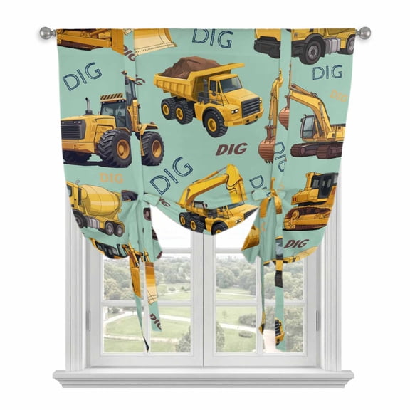 Construction Truck Tie Up Curtains for Windows, Adjustable Balloon Window Shades, Cartoon Grips and Bulldozers Green Kitchen Window Treatments Farmhouse Short Curtains with Rod Pocket 42"x45"