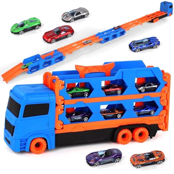Truck Toy for 2 Year Old Boys, Toys Cars Set with Race Track Ultimate Transporter Hauler, Transporter Truck with 6 Die-Cast Car Toys Gifts for Kids Ages 2 3 4 5 6 Years Old