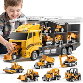 Construction Truck Toy Set with 6 Mini Die-Cast Vehicles - Pull-Back Engineering Cars in Storage Carrier - Kids Educational Toy Set for Boys and Girls Age 3+