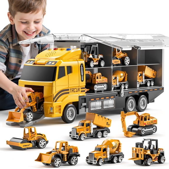 Construction Truck Toy Set with 6 Mini Die-Cast Vehicles - Pull-Back Engineering Cars in Storage Carrier - Kids Educational Toy Set for Boys and Girls Age 3+