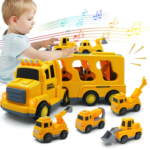 Construction Truck Toys for 3 4 5 6 Years Old Toddlers Kids Boys and Girls, Car Toy Set with Sound and Light, Play Vehicles in Friction Powered Carrier Truck, Small Crane Mixer Dump Excavator Toy