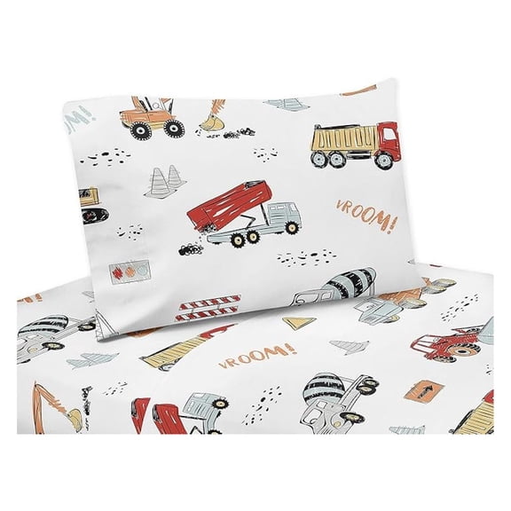 Construction Truck Twin Sheet Set - 3 Piece Set - Grey Yellow Orange Red and Blue Transportation