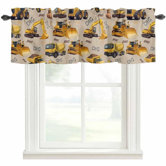Construction Truck Valances for Windows Farmhouse Kitchen Curtains Valances Rod Pocket Valance Curtains for Windows Cartoon Grips and Bulldozers Beige Window Valances for Bathroom Bedroom 42"x12"
