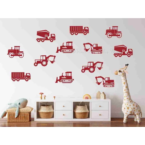 Construction Truck Wall Art Stickers – 12 Vinyl Vehicle Wall Decals for Nursery, Kids Room & Playroom, Removable Boys Construction Theme Wall Decor, 12 pc, 7x4-Inch each, Red