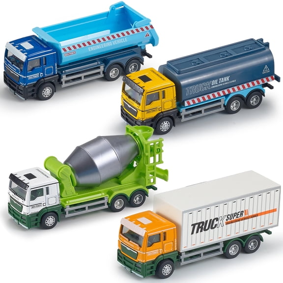 Construction Trucks, 4-in-1 Half-Alloy Vehicles Set With Dump Truck, Container Truck, Tanker Truck, Cement Mixer Truck, Toys For Kids