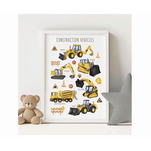 Construction Trucks Digger Bulldozer Boys Room Poster Home Decor Office Wall Art Living Room Decor, Paper Poster Only
