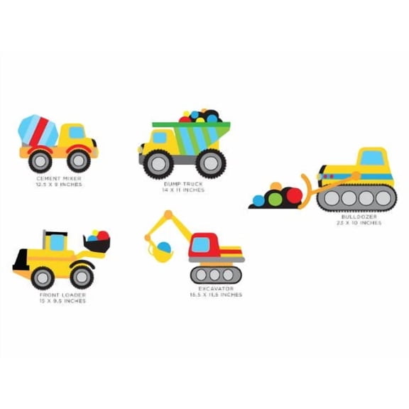 Construction Trucks Fabric Wall Decal with Dump Truck, Cement Mixer, Bulldozer, Excavator, and More - Boy Wall Decal - Nursery Wall Decal