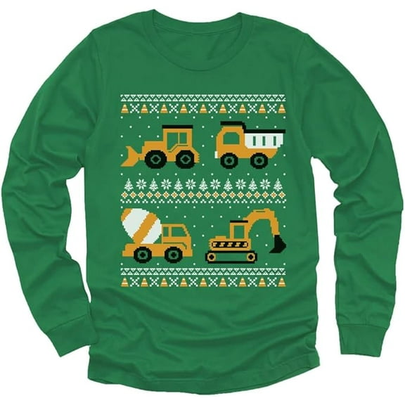 Tstars Construction Trucks Kids Ugly Christmas Sweater Style Toddler Long Sleeve T-shirt 3T Green