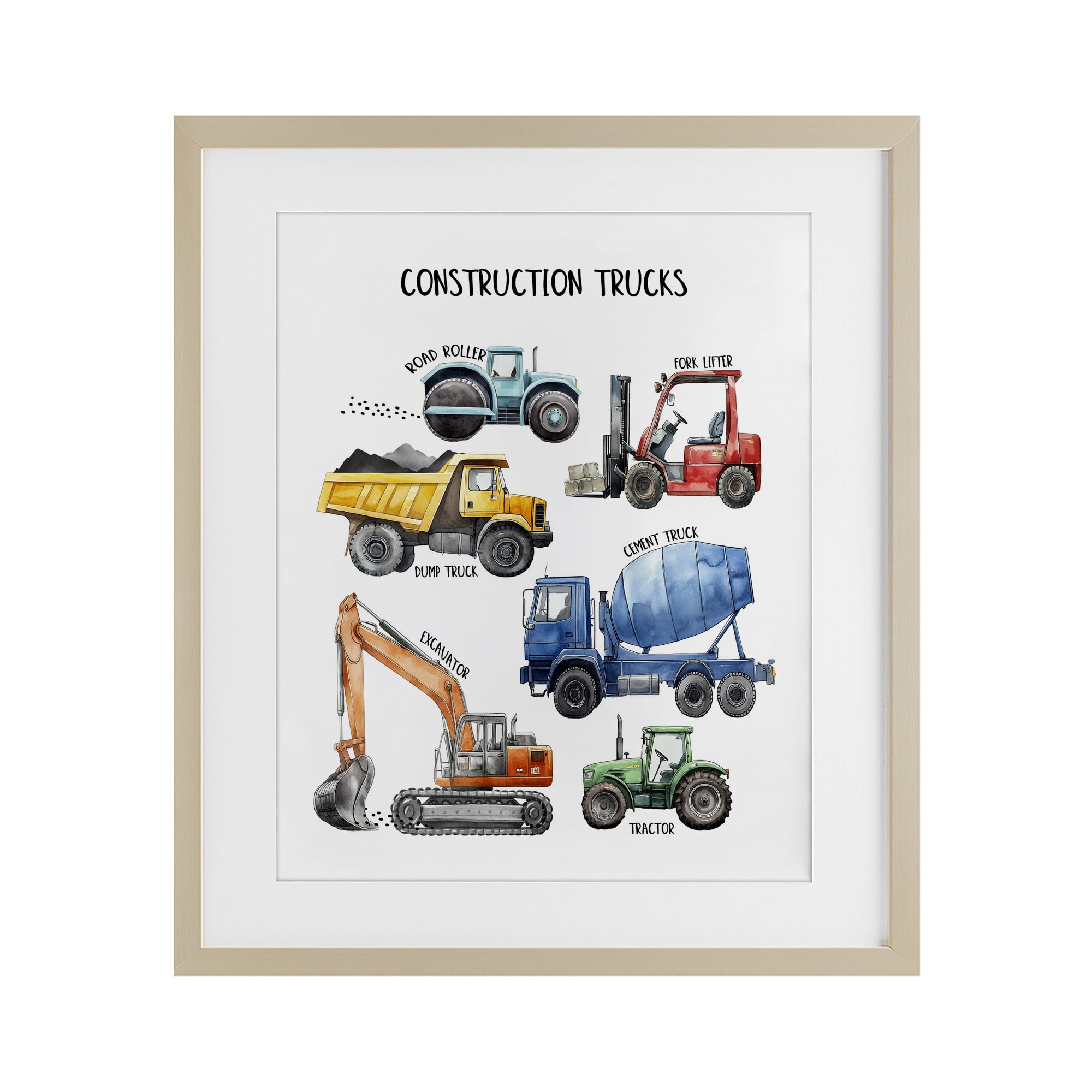Construction Trucks Machinery Birch Framed Print Under Glass, design by Christine Simpson Art