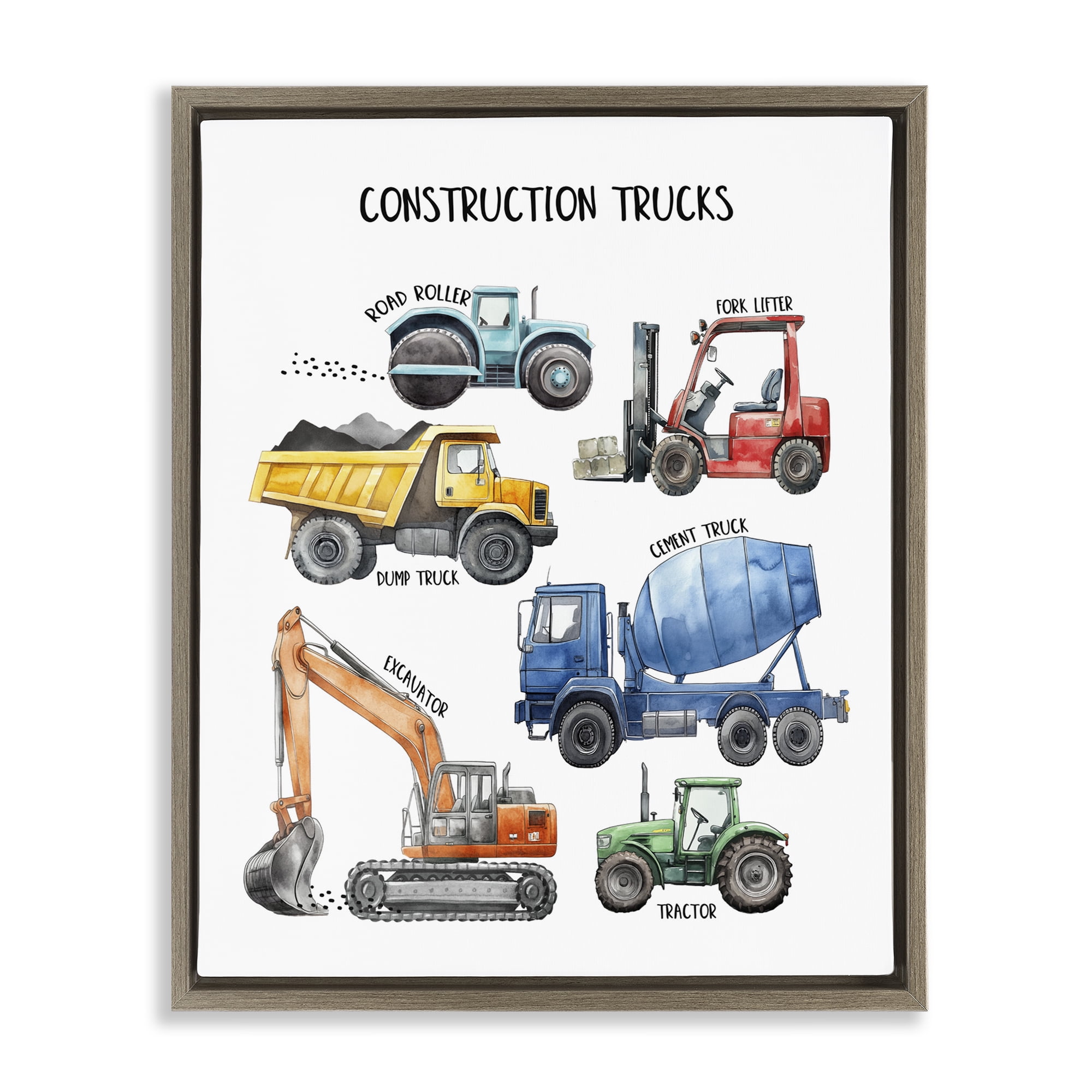Construction Trucks Machinery Brown Framed Floater Canvas Wall Art, design by Christine Simpson Art