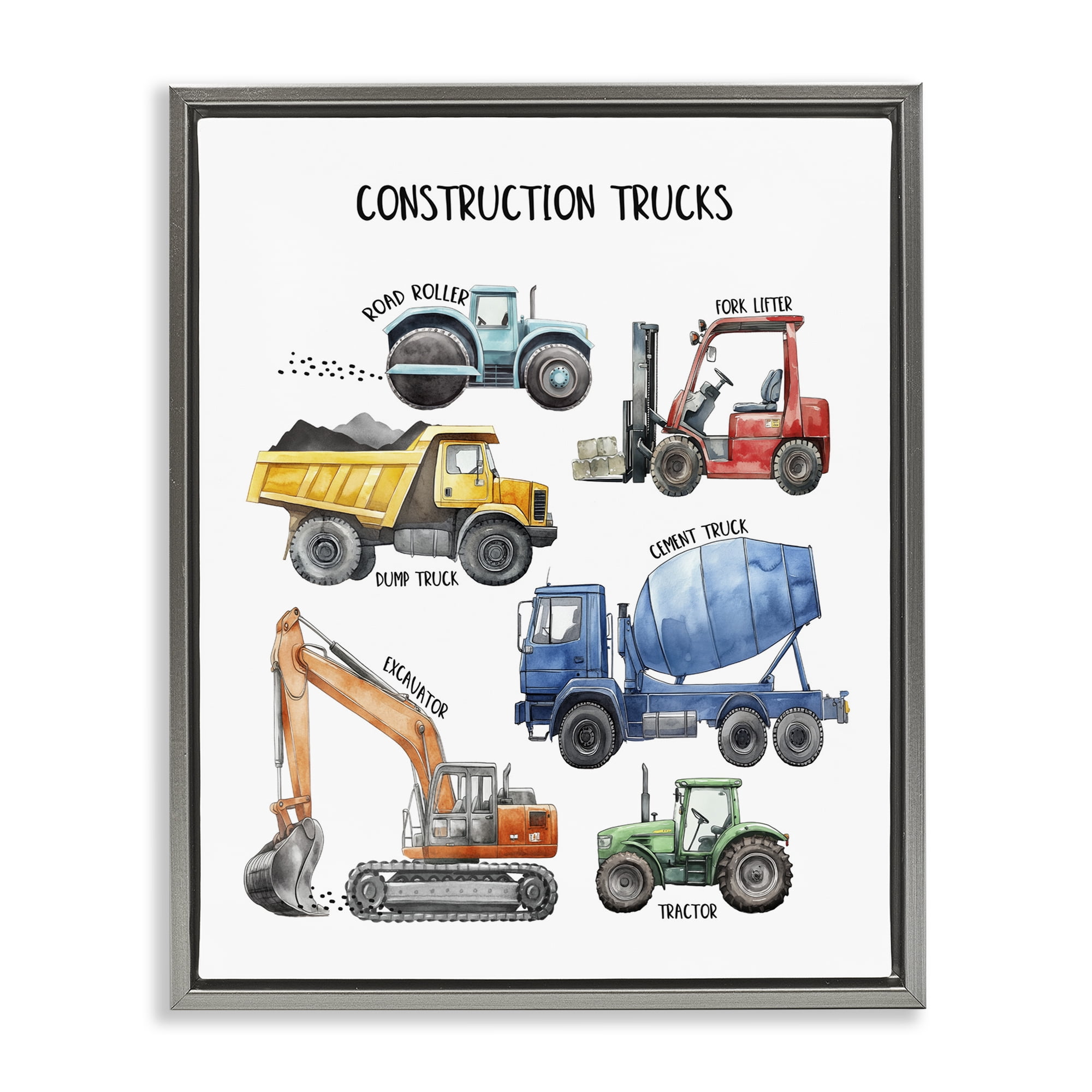 Construction Trucks Machinery Gray Framed Floater Canvas Wall Art, design by Christine Simpson Art