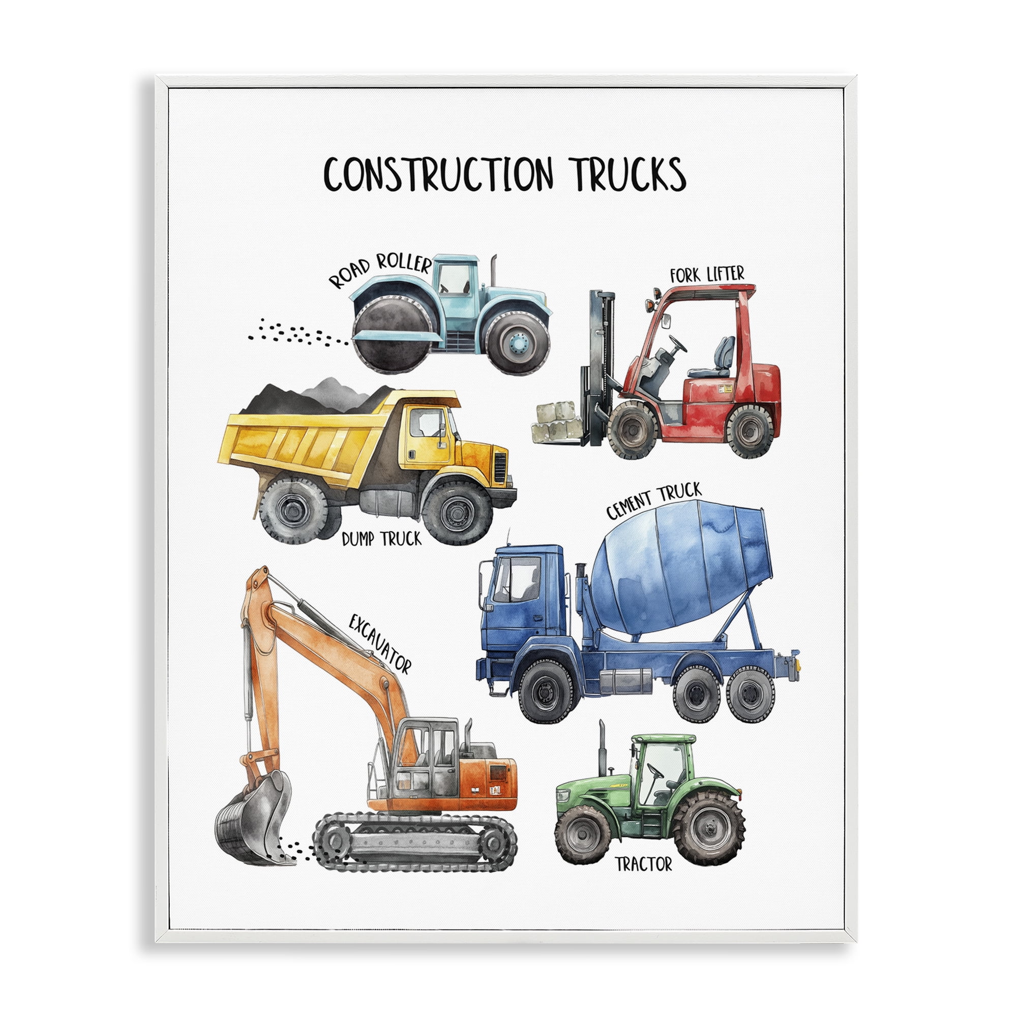 Construction Trucks Machinery White Framed Giclee Art, design by Christine Simpson Art