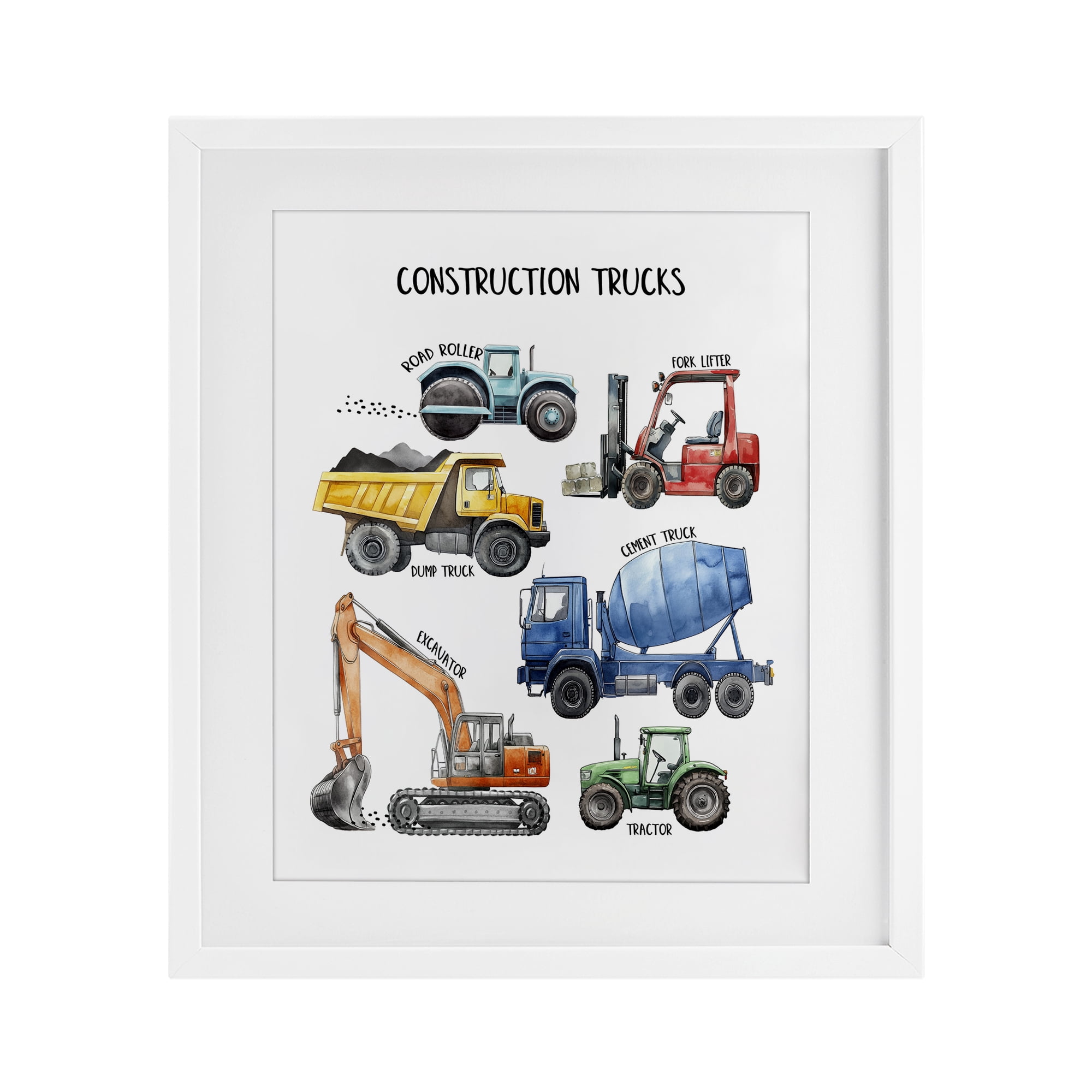 Construction Trucks Machinery White Framed Print Under Glass, design by Christine Simpson Art