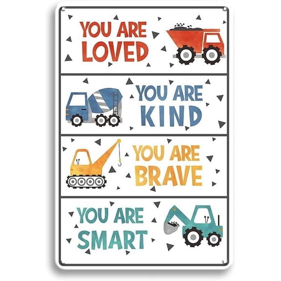 Construction Trucks Themed Motivational Metal Sign Wall Decor - Boys Kids Room Wall DecorMotivational Plaque Wall Art Decorations for Bedroom Bathroom Teen Boys Encouragement Cheer up Gifts