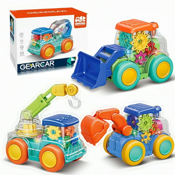 Construction Trucks Toys for Kids, Transparent Gear Bulldozer Toys, Construction Vehicles Toys with Lights and Sound, 360 Degree Rotating Wheels, Toy Vehicles for 3+ Years Old Kids (Random Color)