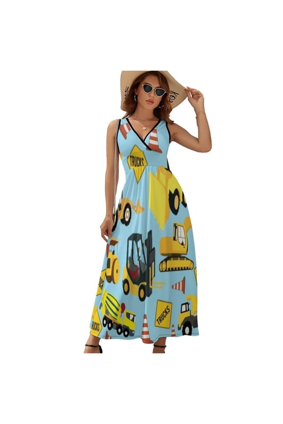 Construction Trucks Vehicles Pattern - Excavator Dump Truck Backhoe And More Dress Fashion Boho Beach Long Dresses Female Party Printed Maxi Dress