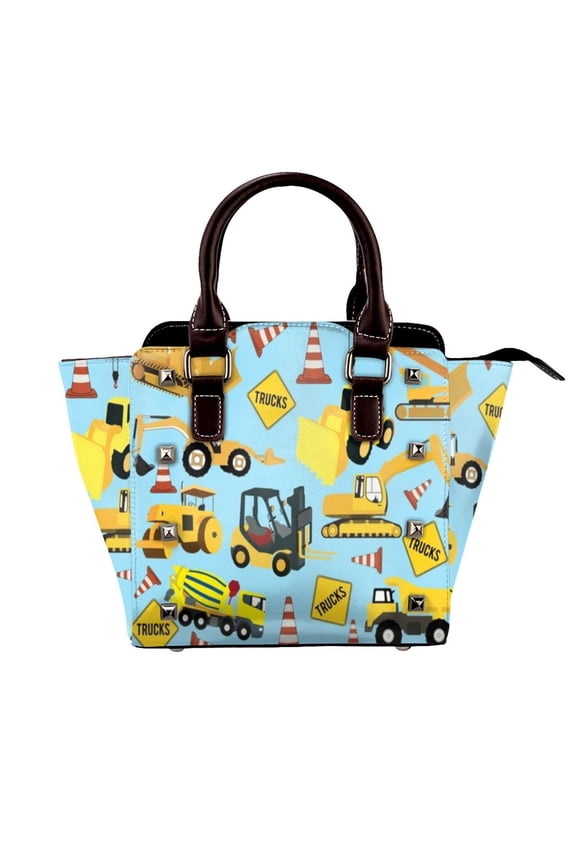 Construction Trucks Vehicles Pattern - Excavator Dump Truck Backhoe And More Rivet Fashion One-Shoulder Women's Handbag Tote Bag