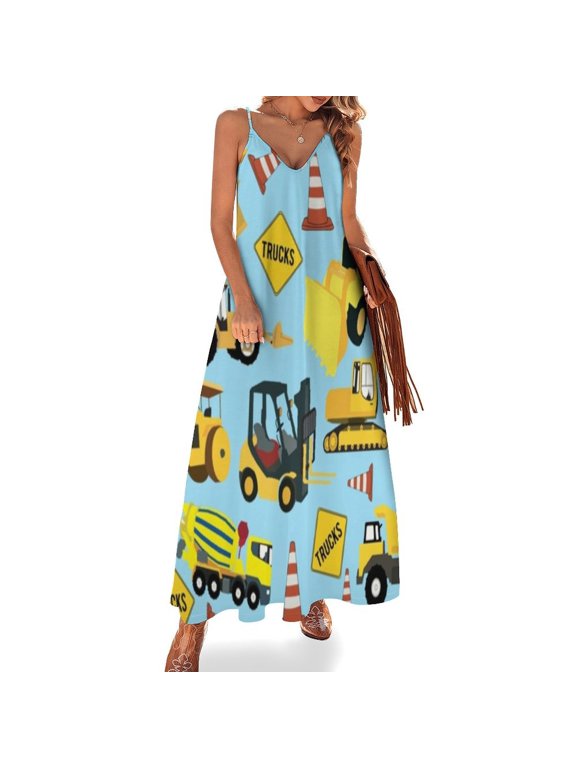 Construction Trucks Vehicles Pattern - Excavator Dump Truck Backhoe And More Sleeveless Dress Loose Women's Dress Dresses Luxury Evening Dresses